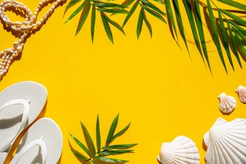 Yellow Summer Flat Lay, Shells, Palm Leaf, Copy Space Stock Photos
