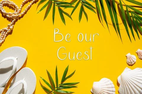 Yellow Summer Flat Lay, Shells, Palm Leaf, Text Be Our Guest Stock Photos