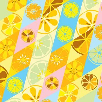 Yellow summer texture with a pattern of lemons limes oranges citrus fresh fru Stock Illustration