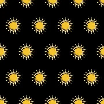 Yellow sun on black background, simple seamless pattern illustration Stock Illustration