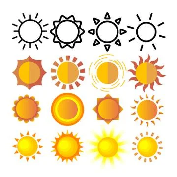 Yellow Sun Icon Set Vector. Sunset Sign. Sunrise Light. Summer Heat. Orange Ray イラスト素材