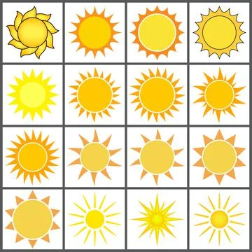 Yellow sun icon set. Vector illustration isolated on white background Stock Illustration