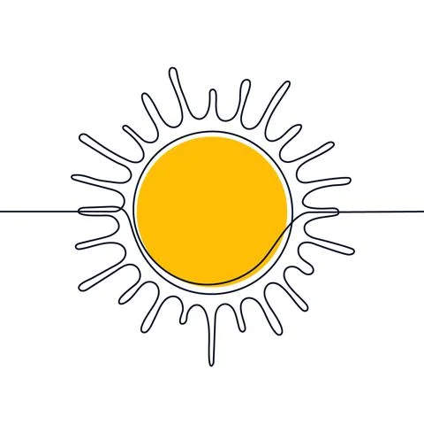 Yellow sun one black continuous line, light rays outline. One line drawing. C Stock Illustration