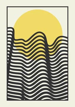 Yellow sun with wavy rays background. Poster with sunburst, sunrise or sunset Stock Illustration