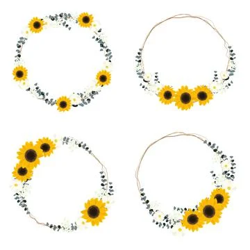 Yellow sunflower and eucalyptus leaf bouquet circle wreath frame Stock Illustration