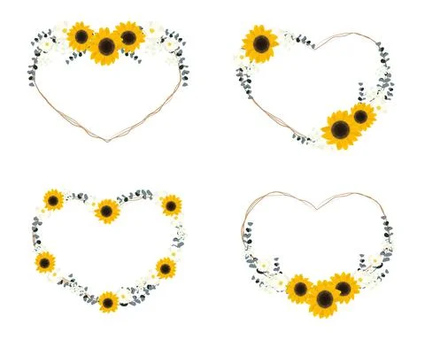 Yellow sunflower and eucalyptus leaf bouquet heart wreath frame Stock Illustration
