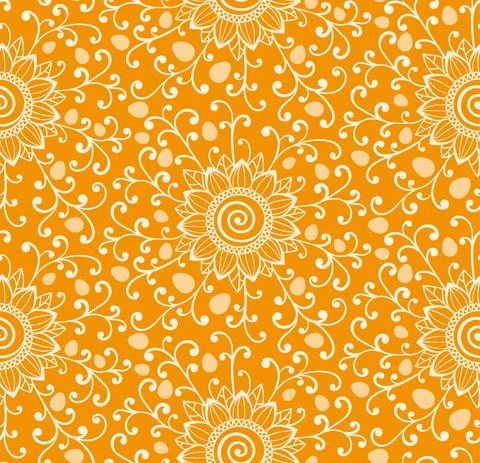 Yellow Sunflower Easter Eggs and curles floral pattern. Simple seamless vector Stock Illustration