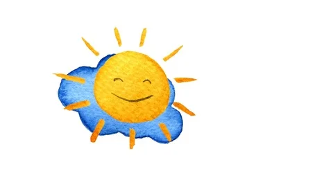 Yellow suns and blue clouds. Hand painted watercolor illustration on transparent Stock Footage 71157829
