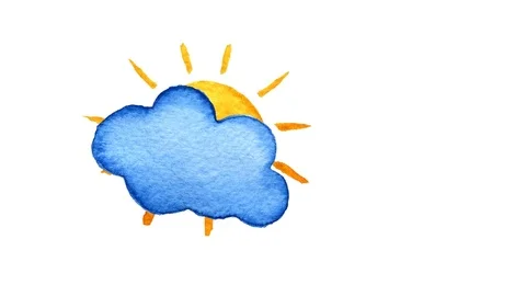 Yellow suns and blue clouds. Hand painted watercolor illustration on transparent Stock Footage 71159740