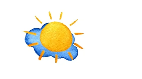 Yellow suns and blue clouds. Hand painted watercolor illustration on transparent Stock Footage 71168878