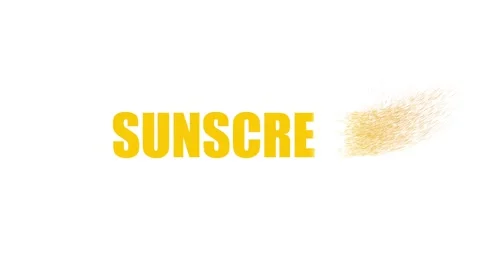 Yellow “SUNSCREEN” text disperses like windblown sand on a white background Vidéo 333679973