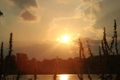 Yellow Sunset on a pond Foto stock