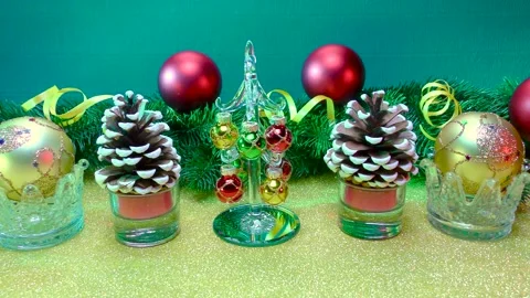 On a yellow surface attributes and decorations of Christmas Stock-Footage 220209175