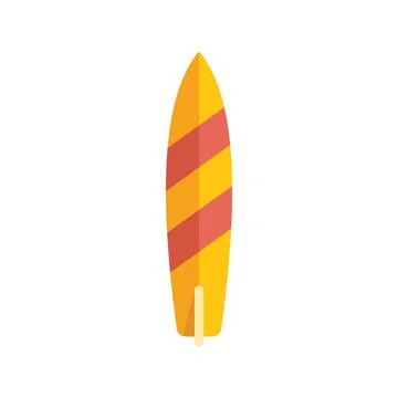 Yellow surfboard with red stripes standing upright on a white background Ilustración de archivo