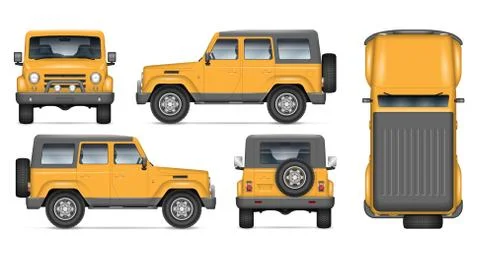 Yellow SUV vector mockup. Isolated vehicle template side, front, back, top view Stock Illustration
