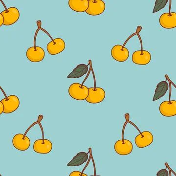 Yellow Sweet Cherries. Seamless Pattern with on Dusty Blue Background. Past.. Stock Illustration