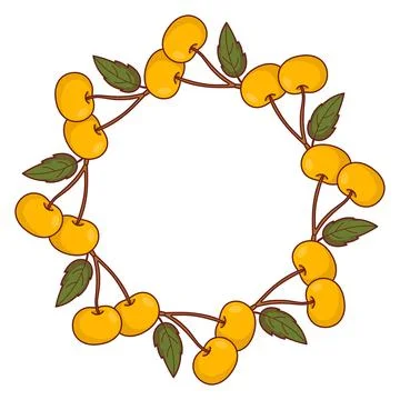 Yellow Sweet Cherry Wreath Frame. Circle Border with Ripe Summer Berries an.. Stock Illustration