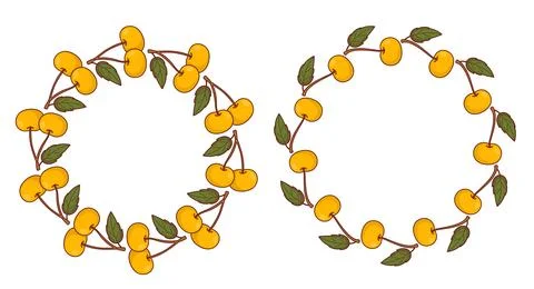Yellow Sweet Cherry Wreath Frames Set. Dense and Loose Circle Borders with .. Stock Illustration