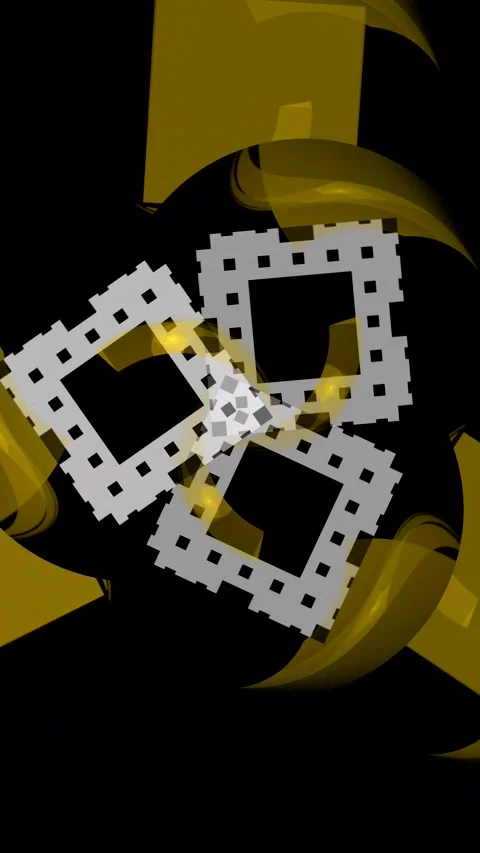 Yellow swirling pattern of curved waves with squares on black background Video stock 337510510