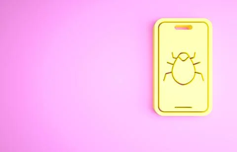 Yellow System bug on mobile icon isolated on pink background. Code bug concep 库存插图