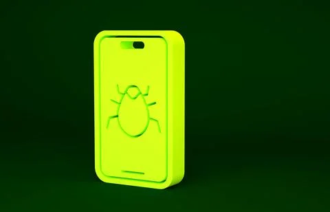 Yellow System bug on mobile icon isolated on green background. Code bug conce Stock Illustration