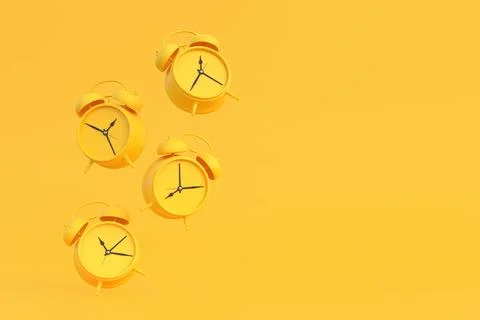 Yellow table alarm clocks falling on the floor with bright yellow background 스톡 일러스트