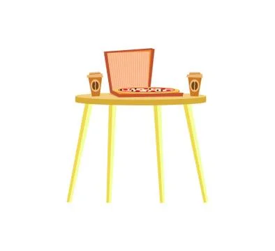 Yellow Table, Pizza and Cups of Coffee Vector Stock Illustration