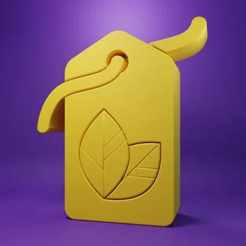 Yellow Tag with leaf symbol icon isolated on purple background. Banner, lab.. Stock Illustration