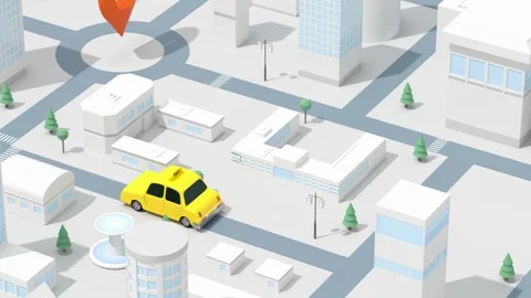 A yellow taxi car navigating through a stylized, clean, and modern cityscap.. 스톡 동영상 332318280