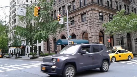 Yellow taxi driving in a tree lined block in New York City Stock Footage 91636152