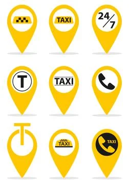Yellow taxi location pin pointer vector icons set map markers isolated 스톡 일러스트