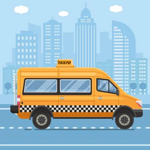 Yellow Taxi Mini Van in Flat Design Illustrazione stock