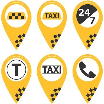 Yellow taxi pin pointer vector icons set checker pattern phone and transport Stock Illustration
