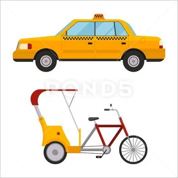 Yellow taxi rickshaw bike vector illustration car transport isolated cab service Stock Illustration