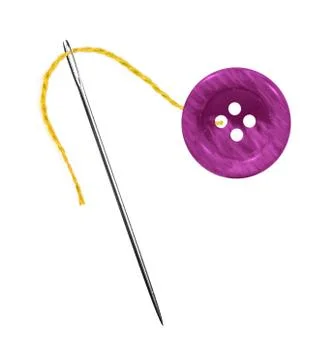 Yellow thread, needle and button isolated on white Фото