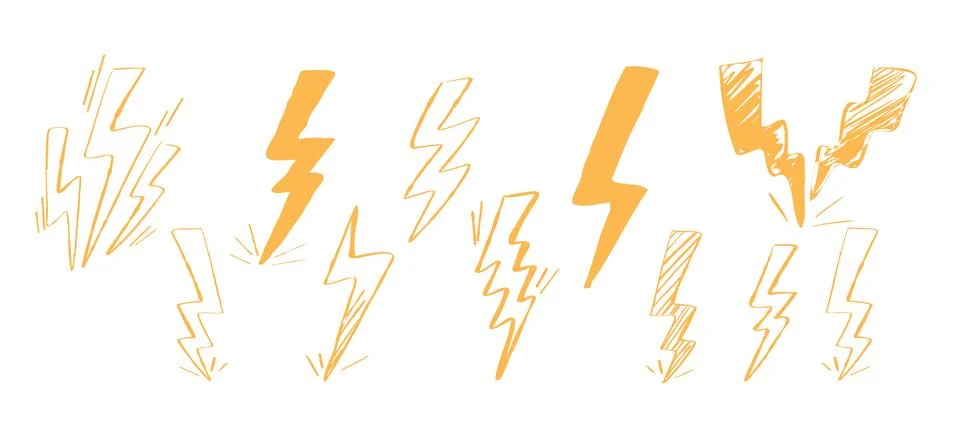 Yellow Thunders Collection Hand Drawn Lightning Icons Vector Illustration Stock Illustration