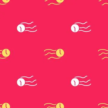Yellow Time flies on the clock icon isolated seamless pattern on red background Stock Illustration