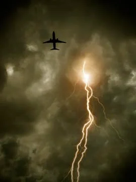 Yellow tone cloudy sky with lightning and flying plane Stock Illustration