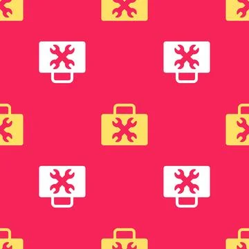 Yellow Toolbox icon isolated seamless pattern on red background. Tool box sig Stock Illustration