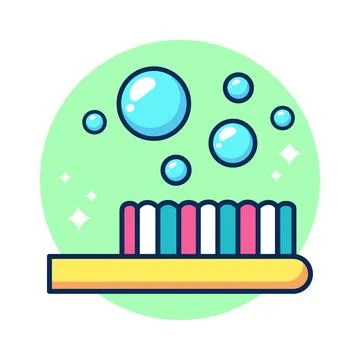 Yellow toothbrush. Bubble. Teeth cleaning. Childrens learning card. Poster for Ilustración de archivo