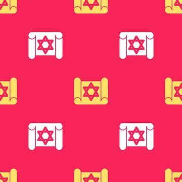 Yellow Torah scroll icon isolated seamless pattern on red background. Jewish Illustrazione stock