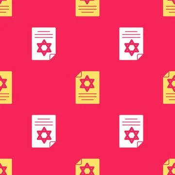 Yellow Torah scroll icon isolated seamless pattern on red background. Jewish Stock Illustration