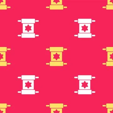 Yellow Torah scroll icon isolated seamless pattern on red background. Jewish Stock Illustration