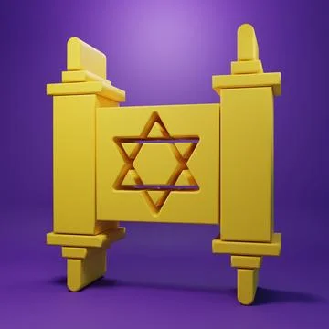 Yellow Torah scroll icon isolated on purple background. Jewish Torah in exp.. Stock Illustration
