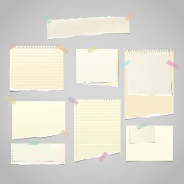 Yellow torn note, notebook paper pieces for text stuck with sticky tape on gray Stock Illustration