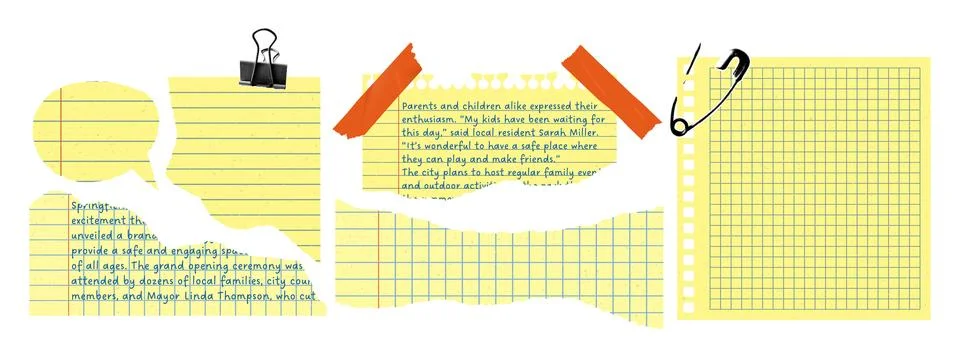 Yellow torn notebook paper collage with lined and grid sheets, stationery e.. Stock Illustration