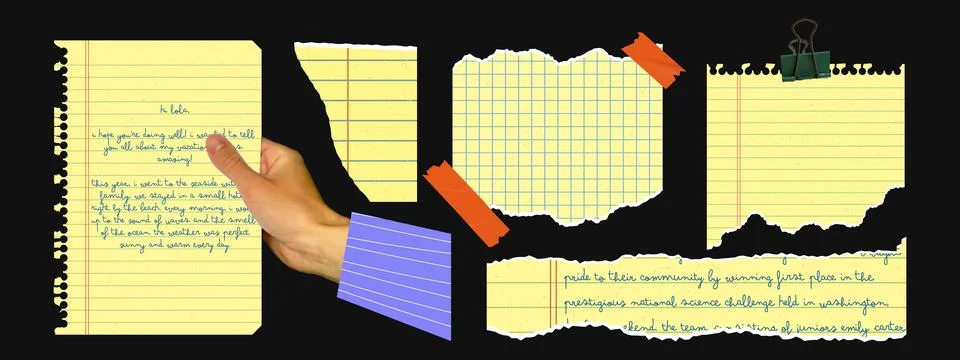 Yellow torn notebook paper collage with grid and lined sheets, hand holding.. Stockillustratie
