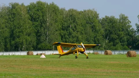 Yellow tow plane RF-00596 landing on grass airfield in Novosibirsk Stock Footage 345987650