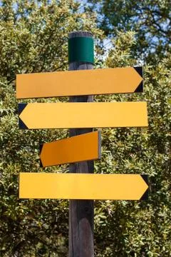 Yellow track pointer on the road in woods sunny summer day Stock Photos