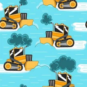 Yellow track-type tractor or bulldozer removing snow seamless pattern Stock Illustration